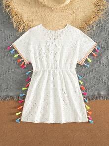SHEIN Teen Girls White Hollow Mesh Swimsuit Cover Up,Colorful Tassel Crochet Eyelet Dress,Short Sleeve Beach Tunic For Summer,Beach,Holiday Resort Wear - White - View 2