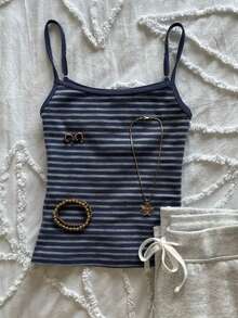 Glimmora Women's Casual Versatile Navy Blue Striped Camisole - Navy Blue - View 1