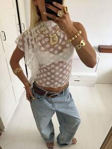 Siren Gaze 女士夏季度假休闲波点荷叶边薄纱衬衫 - 白色 - 查看 1