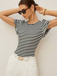 Lymera 女士圆领条纹休闲百搭日常短袖T恤 - 彩色 - 查看 3