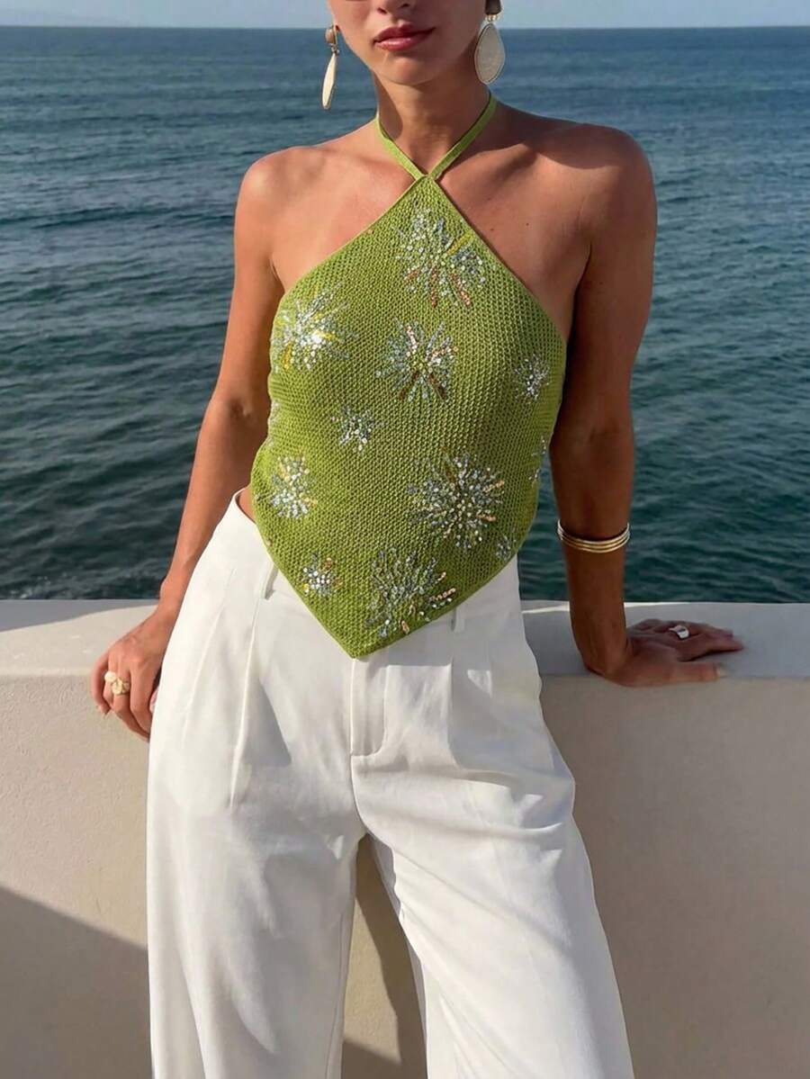 Aloruh Women's Sexy Sequin Backless Halter Top, Summer Beach Vacation Boho Tropical Raves Festival Country Concert Western Wear Summer Top - Green - View 1
