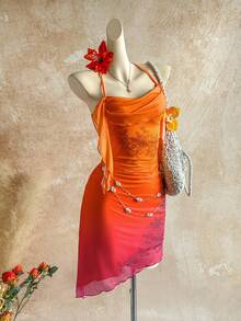 Soleia 大码女士渐变橙色水钻花卉荷叶边迷你连衣裙，适合度假、约会、下午茶、海滩、邮轮、海岛度假、城市旅行、音乐节、波西米亚风度假、派对等场合，可内穿或外穿，沙滩套装 - 彩色 - 查看 12