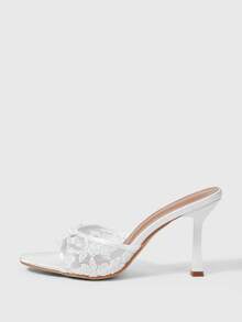 Sleekvia New Fashionable Versatile Rhinestone Bow Strap Stiletto High Heel Sandals For Christmas Summer Shoes - White net - View 5