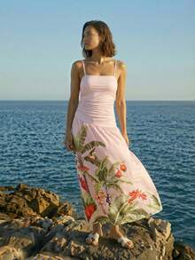 CAJUNI 女士度假风褶皱棕榈树印花休闲时尚吊带连衣裙 - 粉色 - 查看 6