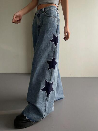 DAZY 女士低腰侧星印花休闲直筒牛仔裤