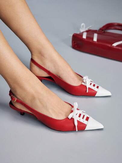 CUCCOO GRLICON Red & White Color Block Pointed Toe Lace-Up Decor Backless Kitten Heel Pumps For Women