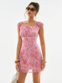 Poéselle 女士印花系带法式粉色连衣裙 - 粉色 - 查看 8