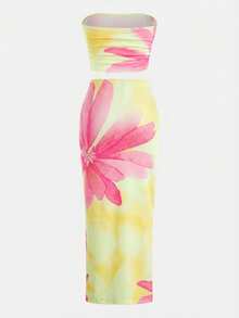 SHEIN Girlism Conjunto de top sin mangas con estampado floral tie-dye y falda ajustada para niña preadolescente, corte slim fit, casual, minimalista y cómodo - Mostaza Amarilla - Ver 2