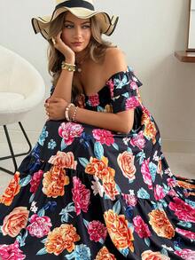 Ceyna Đầm trễ vai tay bồng bất đối xứng in hoa dành cho nữ cỡ lớn, phù hợp cho kỳ nghỉ gia đình, tụ họp bạn bè, đa năng. - Nhiều màu - Xem 4