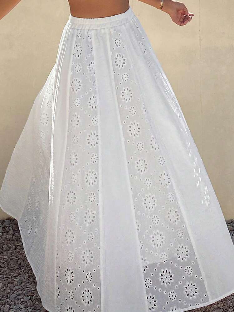 White Lace Patchwork Solid Color Vacation Skirt For Women, Summer