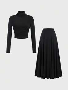 Olithes 2 件女士优雅立领长袖 T 恤和长针织裙套装，秋冬 - 黑色 - 查看 8