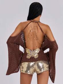 ROMWE Y2K Spring/Summer Vacation Sexy Avant-Garde Backless Deep Draped Neck Flare Sleeve Chain Sheer Crochet Blouse For Women - Brown - View 6