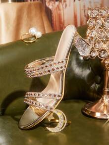 CUCCOO TILAWA Women's Round Toe Patent Leather Gold Rhinestone Strip Decoration Spring And Summer New Fashion Gorgeous Wear Thick Heel High Heel Sandals - Gold - View 4