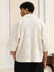 SWAVVY Top tricoté à manches courtes, motif diamant de couleur unie, décontracté, pour l'été - Beige - Voir 2