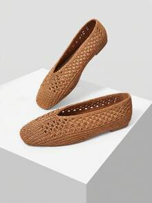 MOTF WOMEN HOLLOW OUT SQUARE TOE FLATS - Brown - View 2