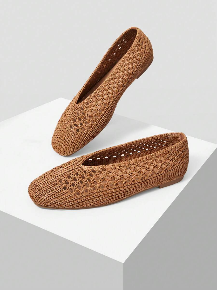 MOTF WOMEN HOLLOW OUT SQUARE TOE FLATS - Brown - View 2