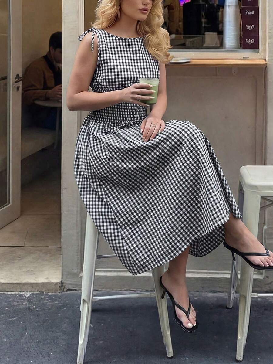 Dripcurv 大码女式夏季黑白格子休闲连衣裙，夏季连衣裙，度假装，沙滩裙，乡村风连衣裙，女式度假装。 - 黑與白 - 查看 1