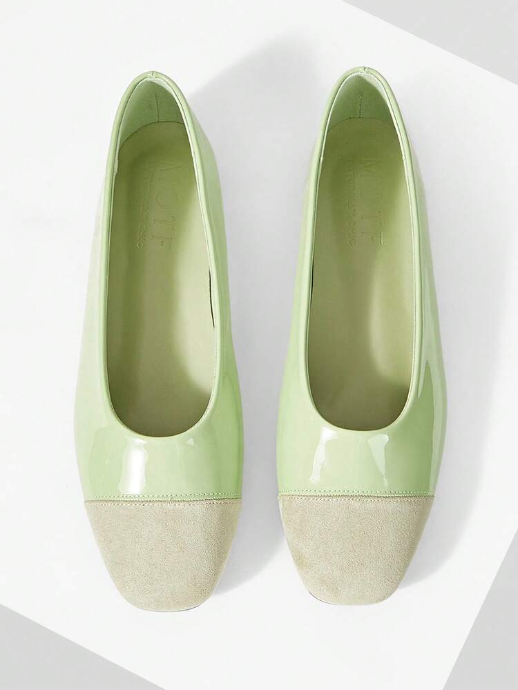 WOMEN SHOES RETRO NEW FASHIONABLE GREEN PU LEATHER COLOR MATCHING SQUARE TOE FLAT SOLE SHOES, SIMPLE CASUAL AND LIGHT, LOW VAMP AND SLIP-ON, COMFORTABLE AND ELEGANT HIGH-END BALLET SHOES SPRING SHOES