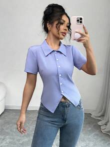 SHEIN Raffinéa Women's Shirt,Light Purple,Summer,Elegant,Dining Short Sleeve Button Up Retro Blouse With Large Collar,Back Lacing,Waist Cinching Fitted Office Tops - Blue - View 3