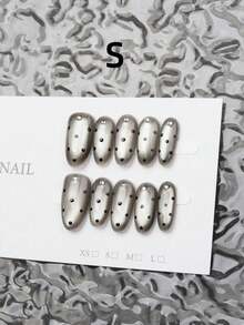 短款椭圆形法式按压美甲贴片 - 灰色和黑色波点猫眼玻璃珠，钻石设计，纯手工制作，适合女性和女孩，可重复使用，日常佩戴和节日派对礼物，DIY美甲用品 - 黑色 - 查看 13