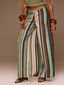 MUSERA Striped Low Rise Wide Leg Trousers Pants Spring Summer Vacation Beach Elegant Ibiza Festival Holiday Tajine - Multicolor - View 1