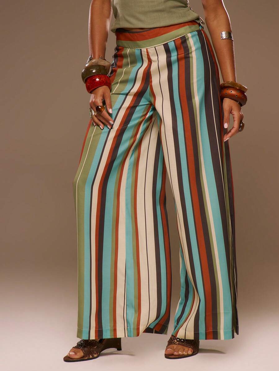 MUSERA Striped Low Rise Wide Leg Trousers Pants Spring Summer Vacation Beach Elegant Ibiza Festival Holiday Tajine - Multicolor - View 1