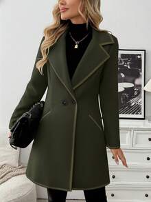 EMERY ROSE 女士优雅休闲通勤黑白拼接长款羊毛混纺大衣 - 軍綠色 - 查看 4