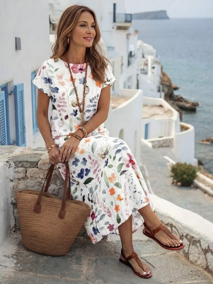 EMERY ROSE Vestido floral minimalista y versátil de estilo casual para mujer, primavera/verano - Multicolor - Añade 6