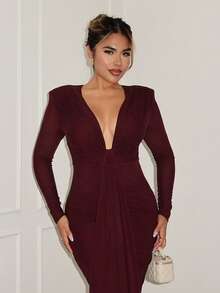 Maria Perezxox Autumn/Winter Ruched Ribbon Drape Shoulder Sheer Mesh Long Sleeve Bodycon Elegant Sexy Deep V Dress, Women Graceful Long Dress Autumn And Winter, Suitable For Christmas, Graduation Party, Wedding Guest Dresses, Date, Banquet, Party, Sister Gathering, Women's Party Dresses, Autumn Wedding Guest Dresses, Women's Wedding Guest Dresses Long Sleeve Formal Dress Glamorous Dress Plunge Dress ,Wedding Guest Dress Women - Bold Plum - View 6