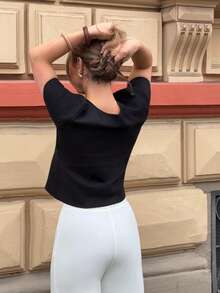 Jeta Ari 女式休闲纯色修身短袖纽扣开衫 - 黑色 - 查看 2