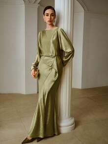 ZEYLAH 春季船领长袖鱼尾连衣裙 - 橄欖綠 - 查看 5