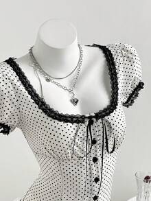 Elamini 复古甜美方领撞色蕾丝荷叶边波点泡泡袖修身衬衫，夏季 - 杏色 - 查看 7