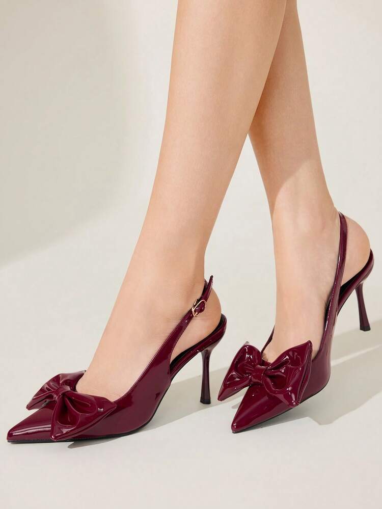 CUCCOO CHICEST Ladies Pointed Burgundy Glossy Bow Ankle Strap Skinny Heel Fashion Dating Shoes Party High Heel Sandals Wedding Shoes Spring Shoes Bride Shoes