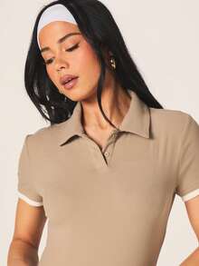 MISSGUIDED Women's Fitted Polo Bodysuit With Collared Neckline Short Sleeves Contrast Trim Button Front Classic Cropped Style - Grey - View 4