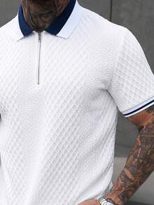 Manfinity CasualCool 男士翻领短袖 Polo 衫，针织钩编面料，白色男士 Polo 衫，休闲男士 Polo 衫，拉链 Polo 衫，适合日常外出、朋友聚会、休闲周末穿着，是送给男友或丈夫的绝佳礼物，INS 热销 Polo 衫 - 白色 - 查看 4