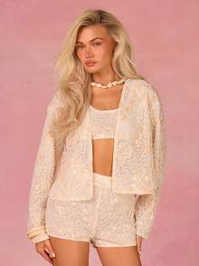 Athîral 女士休闲长袖刺绣开衫 - 白色 - 查看 1