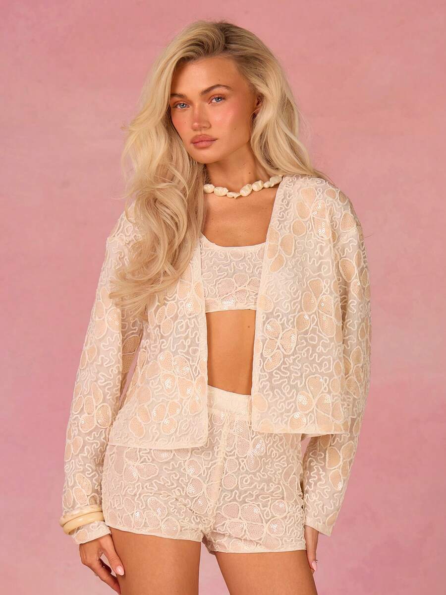 Athîral 女士休闲长袖刺绣开衫 - 白色 - 查看 1