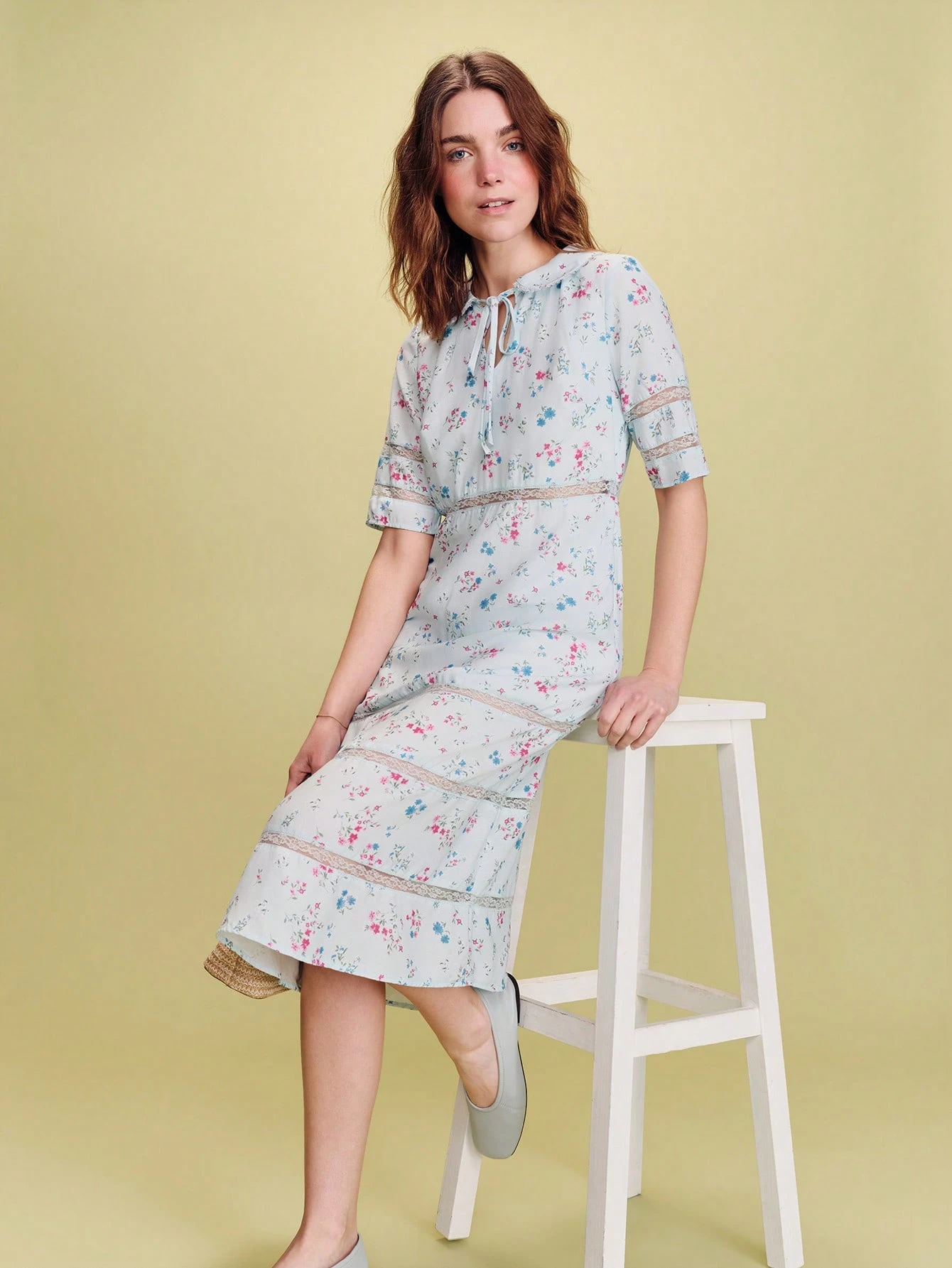 Sky Blue Fitted Midi Dress With Floral Print And Lace Details, Spring-Summer Style Spring Summer French Style Parisian Style Holiday Dress Vacation Dress Wedding Guest Dress