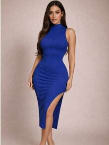 UNITALLA Vestido Midi en Tela Acanalada Sin Mangas con Cuello Alto y Abertura Lateral - azul real - Ver 3
