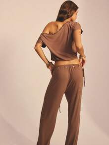 Aralina Two Piece Vacation Festival Jersey Stretch Summer Spring Swim Beach Cover Up Off Shoulder T-Shirt Top Pull On Pant 2 Piece Chocolate - Coffee Brown - View 2