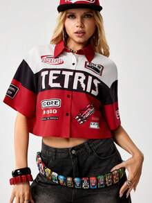 Tetris™ X SHEIN 女士字母数字印花单排扣休闲百搭日常短袖衬衫 - 紅色 - 查看 7