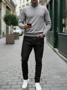 Manfinity Homme 夏季男士高领衫，2026春夏男士浅灰色高领上衣，修身轻薄针织打底衫，适合办公室和约会穿着，男士高领长袖T恤，纯色休闲修身套头衫，冬季保暖针织衫，男士保暖高领长袖套头衫，修身休闲打底衫 - 灰色 - 查看 5