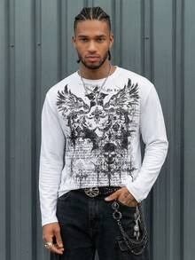 AXEPEAK Men's Casual Skull & Slogan Print Long Sleeve T-Shirt, Autumn Mens White Long Sleeve Graphic Shirt White Graphic Shirt Men White Long Sleeve Graphic Tee Gothic Long Sleeve Shirt Men Skull Graphic Long Sleeve Shirt Goth Men Long Sleeve White Graffiti Shirt Mens Long Sleeve Shirt Graphic - White - View 6
