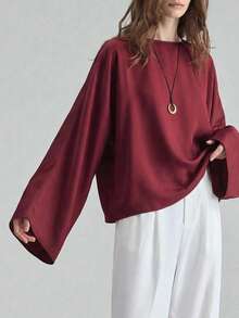 Ontre 夏季新款复古红色圆领插肩袖蝙蝠袖宽松上衣，修身百搭，适合夏季穿着 - 中紫紅色 - 查看 1
