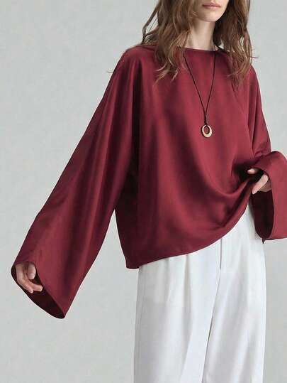 Ontre 2026SS New Solid Color Minimalist Casual Loose Round Neck Top, Suitable For Valentine's Day, Summer, Business Casual, Beach, Birthday Party, Teacher, Back To School, Satin Oversized Off-Shoulder Long Sleeve Minimalist Urban Business Casual Blouse, Office Wear, Outing, Valentine's Day, Holiday, Wedding Guest, Party