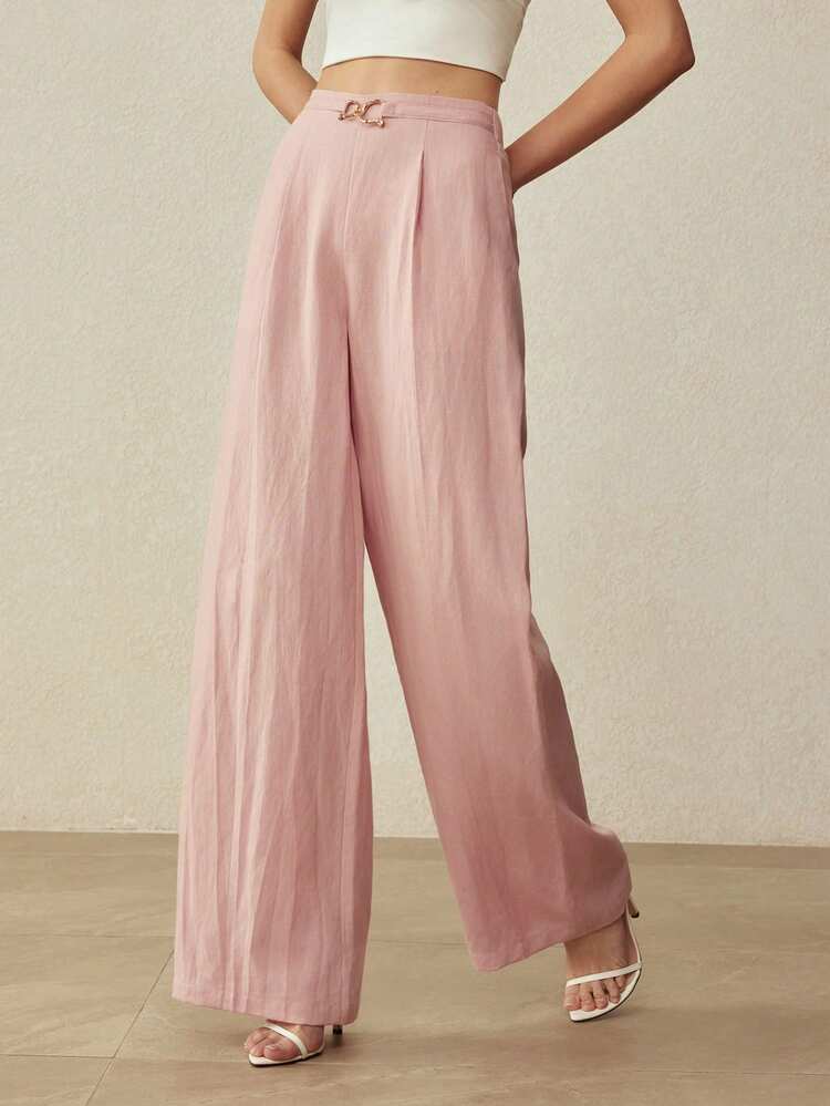 LINEN MINIMALIST ELEGANT DECORATIVE BUTTON STRAIGHT LEG PANTS, SPRING/SUMMER