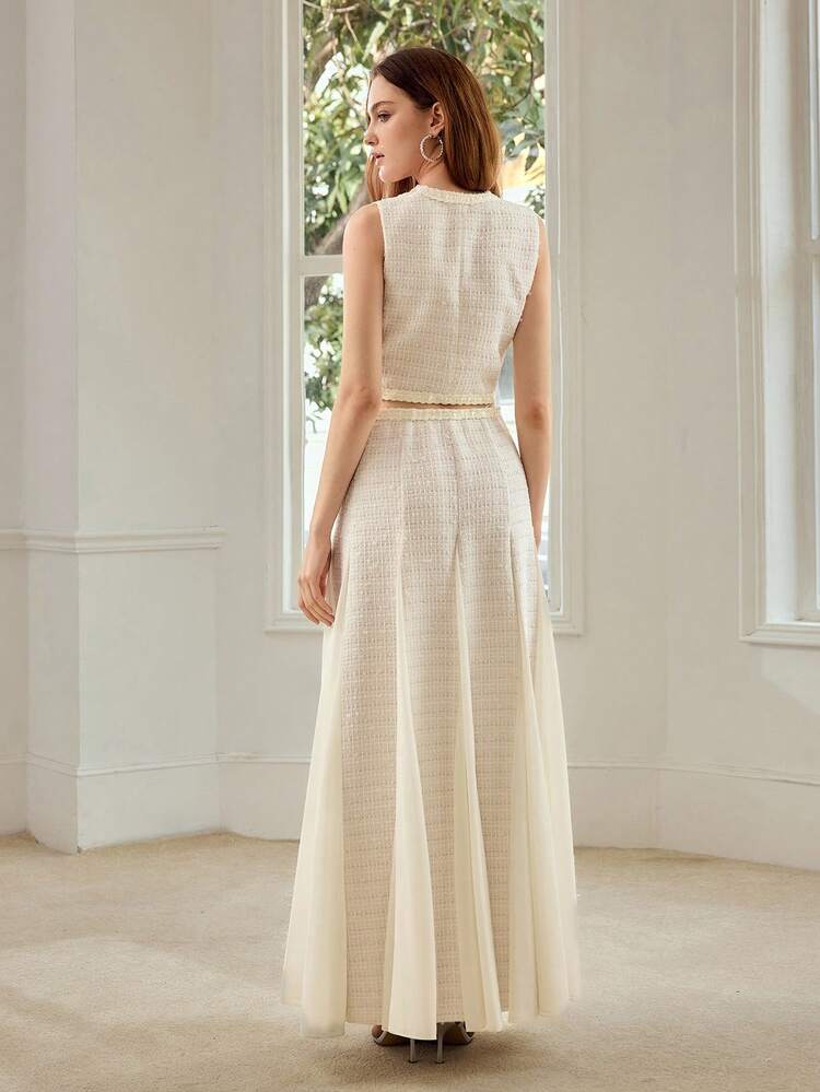 WOMEN'S TWEED CONTRAST BINDING SHORT VEST & GODET SKIRT 2 PIECES SET, SPRING/SUMMER