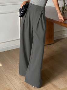 DAZY Women's Pleated Wide Leg Pants, Loose Solid Color Elegant Trousers For Spring & Autumn - Light Grey - View 3