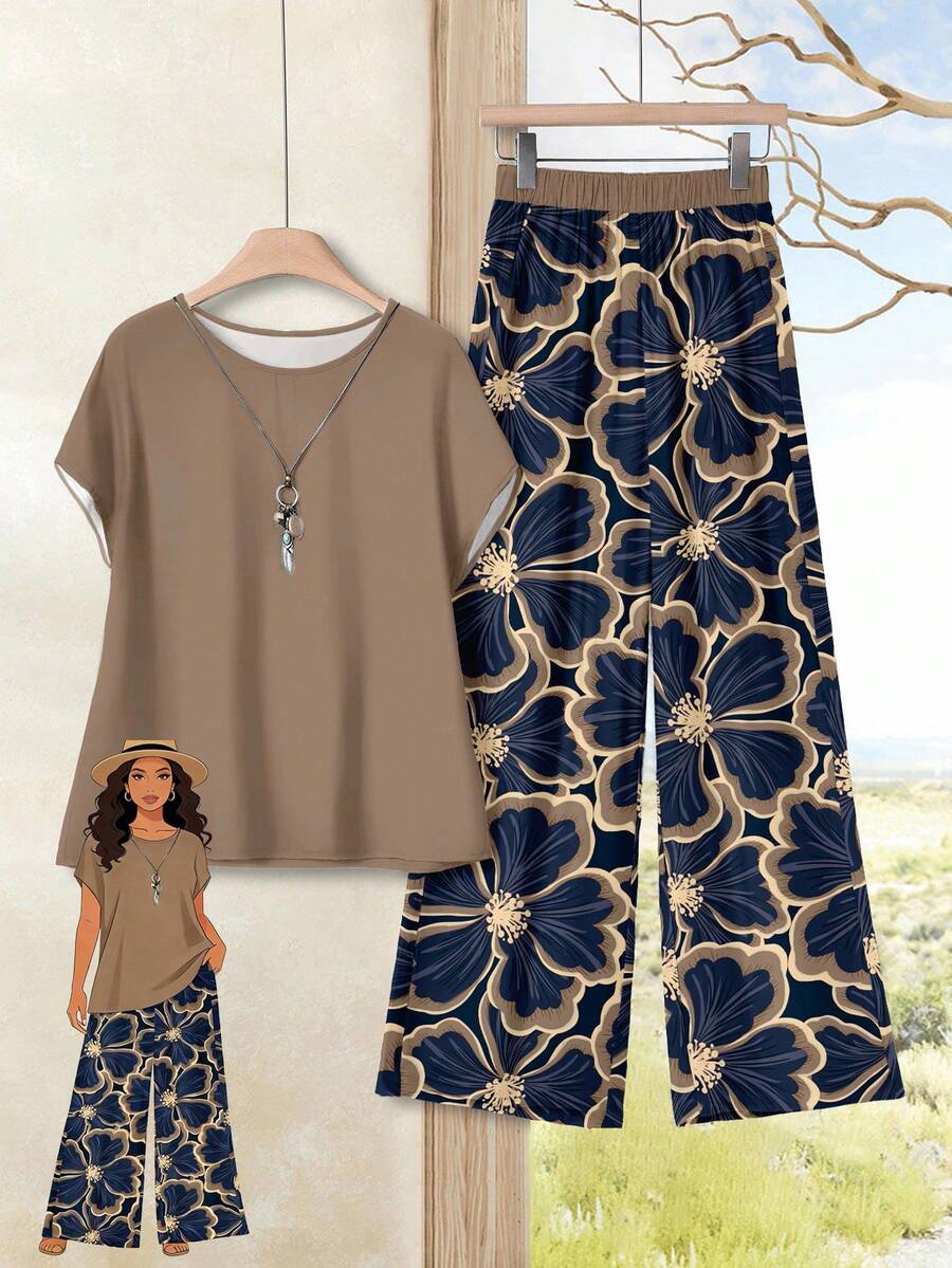 Rusticease Plus Size 2 Pieces Set: Solid Color Shirt & Floral Print Pants, Vacation - White - View 1
