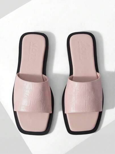 MOTF PREMIUM 女士夏季爆款复古时尚浅粉色PU皮革石纹性感方头露趾平底拖鞋简约百搭休闲舒适轻便高感沙滩凉鞋